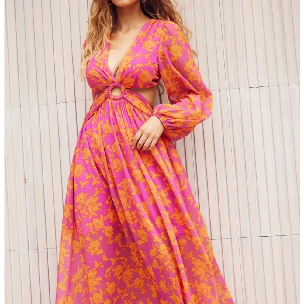 Pink and Orange floral long sleeve maxi dress with cutouts. - Picture 4 of 8